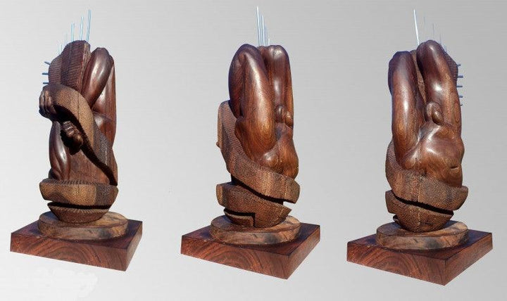 Figurative sculpture titled 'Hidden In My Life 5', 28x15x16 inches, by artist Dharam Netam on Wood, Metal