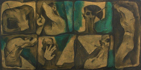 Figurative acrylic painting titled 'Hiding Faces', 24x48 inches, by artist Akashay Avsare on Canvas