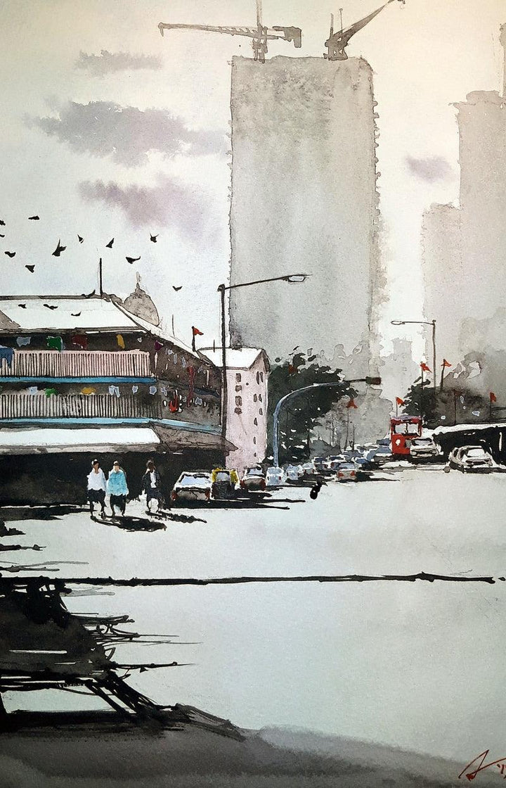 Cityscape watercolor painting titled 'High And Low', 16x12 inches, by artist Arunava Ray on Paper