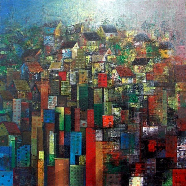 Abstract acrylic painting titled 'High Rise', 24x24 inches, by artist M Singh on Canvas