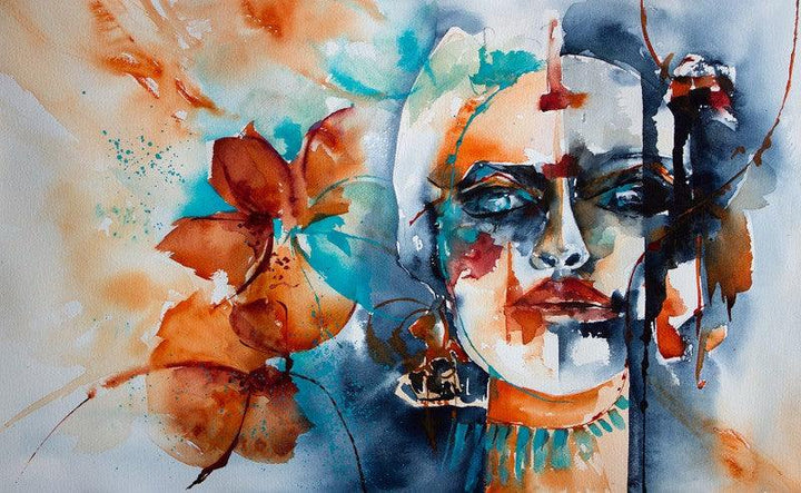 Portrait watercolor painting titled 'Hijra', 12x20 inches, by artist Veronique Piaser-moyen on Paper