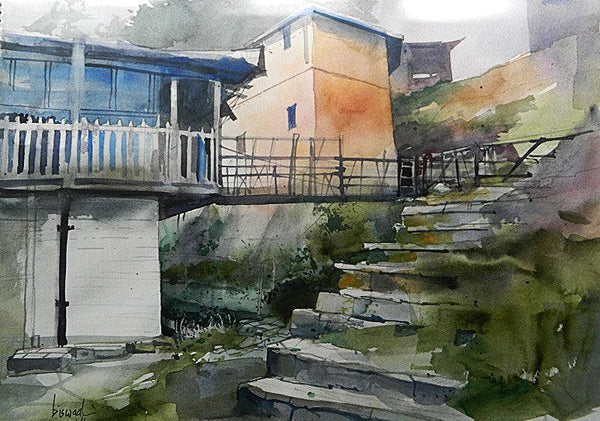 Nature watercolor painting titled 'Hilly Cottage', 14x20 inches, by artist Bijay Biswaal on Paper