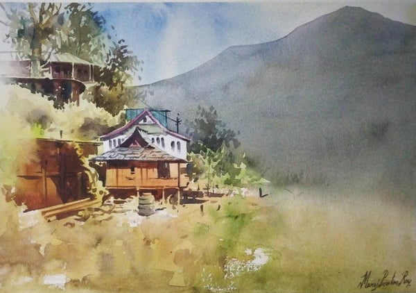 Landscape watercolor painting titled 'Hilly Houses', 14x20 inches, by artist Manoj Pratim Ray on Paper