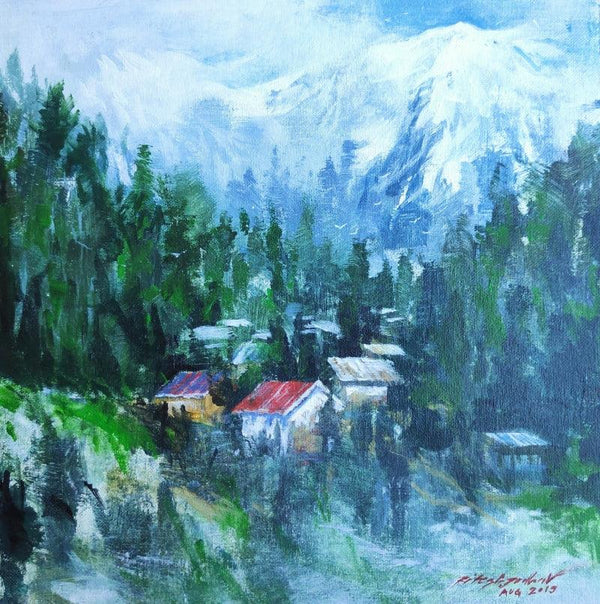 Cityscape acrylic painting titled 'Himachal Pradesh', 14x14 inches, by artist Ritesh Jadhav on Canvas