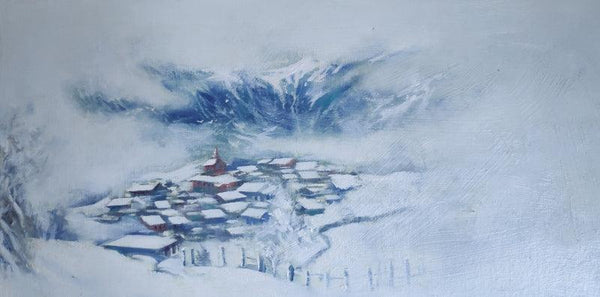 Cityscape oil painting titled 'Himalayan Fog', 12x18 inches, by artist Ritesh Jadhav on Canvas