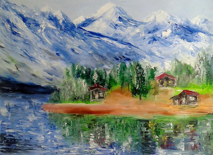 Landscape oil painting titled 'Himalayas', 21x23 inches, by artist Kiran Bableshwar on Canvas