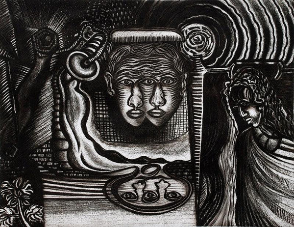 Figurative printmaking titled 'His Magical World 2', 18x22 inches, by artist Sushanta Guha on Paper