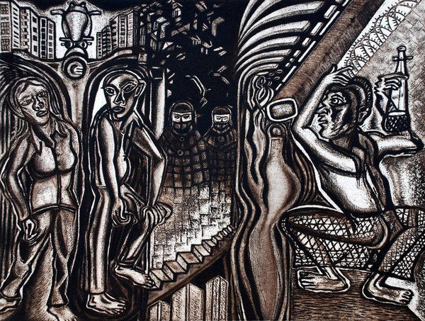 Figurative printmaking titled 'His Magical World 4', 18x22 inches, by artist Sushanta Guha on Paper