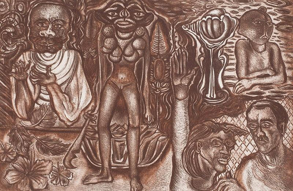 Figurative printmaking titled 'His Magical World 5', 19x29 inches, by artist Sushanta Guha on Paper