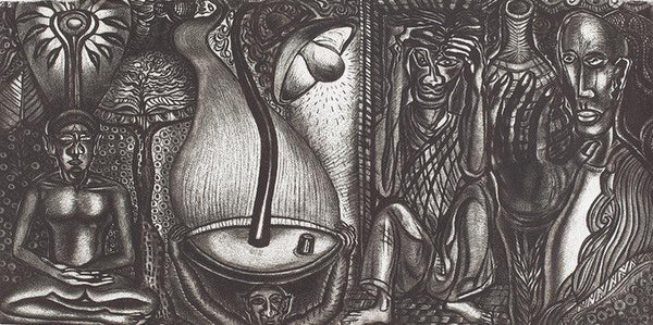 Figurative printmaking titled 'His Magical World 6', 20x40 inches, by artist Sushanta Guha on Paper