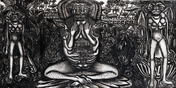 Figurative printmaking titled 'His Magical World 7', 20x40 inches, by artist Sushanta Guha on Paper