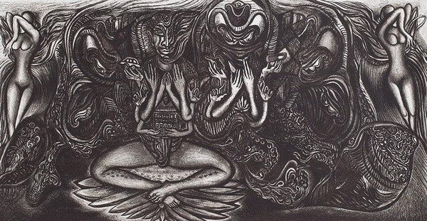 Figurative printmaking titled 'His Magical World 8', 20x40 inches, by artist Sushanta Guha on Paper