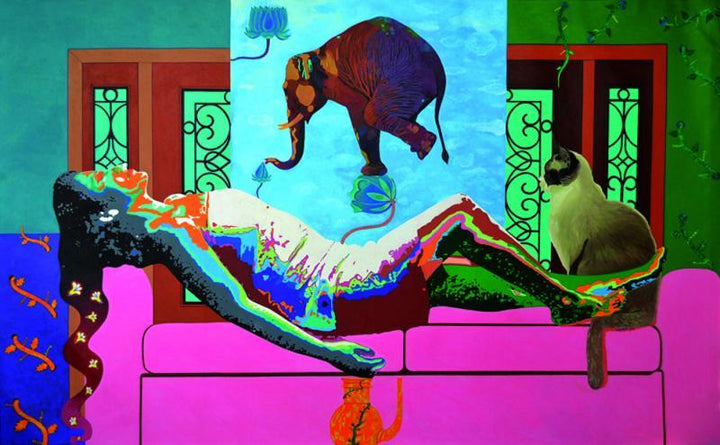 Figurative acrylic painting titled 'History Of Dreams And Reality 2 ', 54x90 inches, by artist Gayatri Artist on Canvas