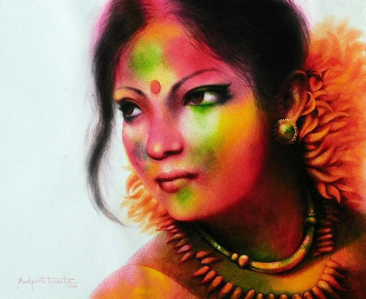 Portrait watercolor painting titled 'Holi Festival 1', 19x23 inches, by artist Sudipta Karmakar on Paper