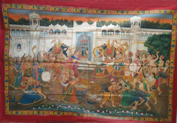 Religious pichwai traditional art titled 'Holi Festival Of Krishna Radha Pichwai P', 48x72 inches, by artist Yugdeepak Soni on Cloth