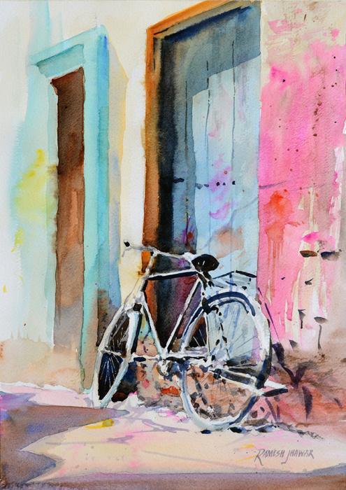 Landscape watercolor painting titled 'Holi In Varanasi', 14x10 inches, by artist Ramesh Jhawar on Paper