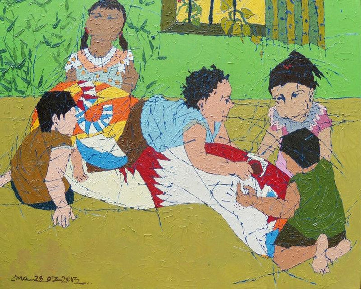 Figurative acrylic painting titled 'Holiday Safari', 42x54 inches, by artist Seema Kamble on Canvas