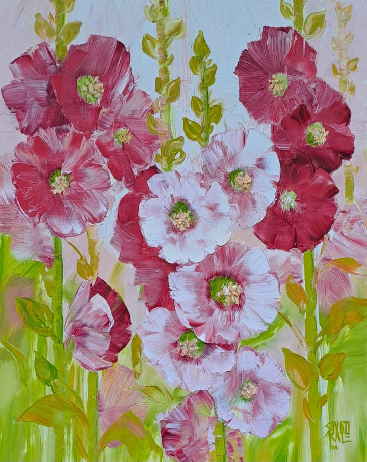 Nature oil painting titled 'Hollyhocks', 18x14 inch, by artist Swati Kale on Canvas