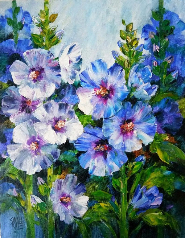 Nature oil painting titled 'Hollyhocks 1', 18x14 inches, by artist Swati Kale on Canvas