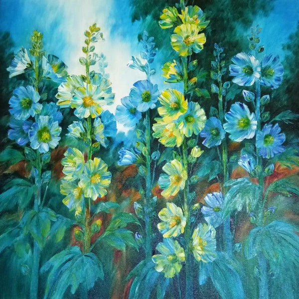 Nature oil painting titled 'Hollyhocks 14', 36x36 inches, by artist Swati Kale on Canvas