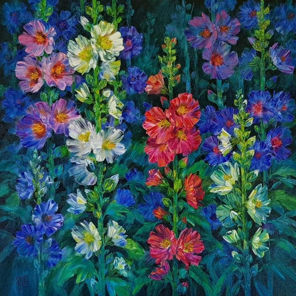 Nature oil painting titled 'Hollyhocks 15', 36x36 inches, by artist Swati Kale on Canvas