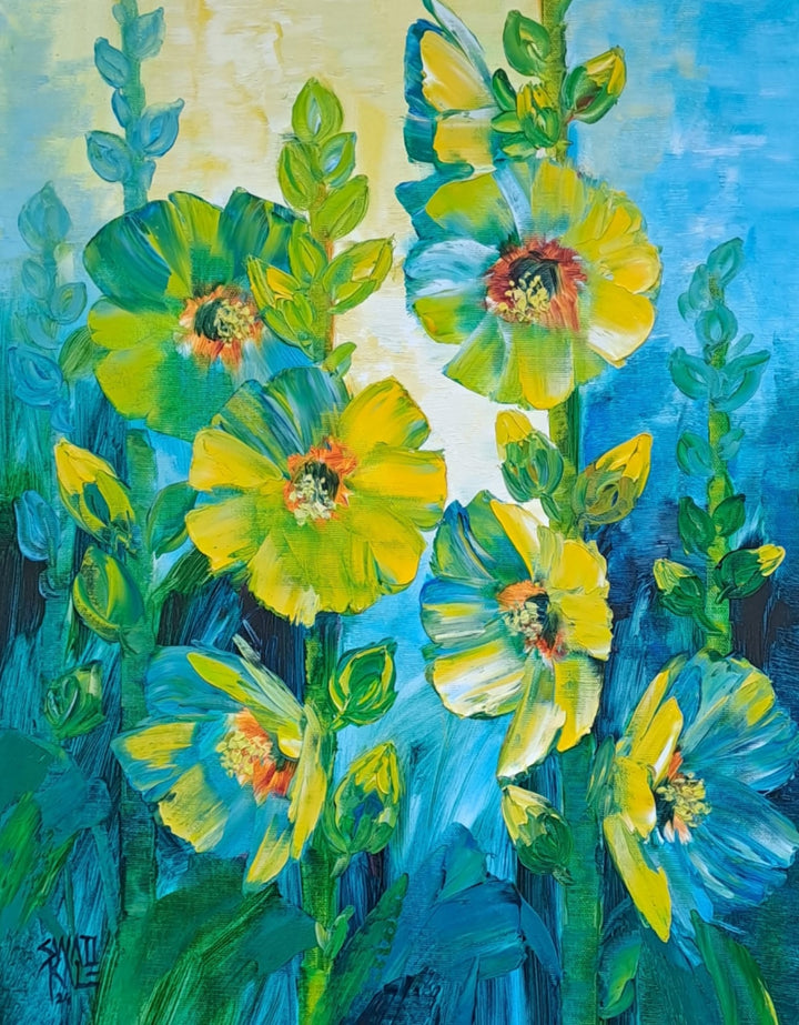 Nature oil painting titled 'Hollyhocks 2', 18x14 inch, by artist Swati Kale on Canvas