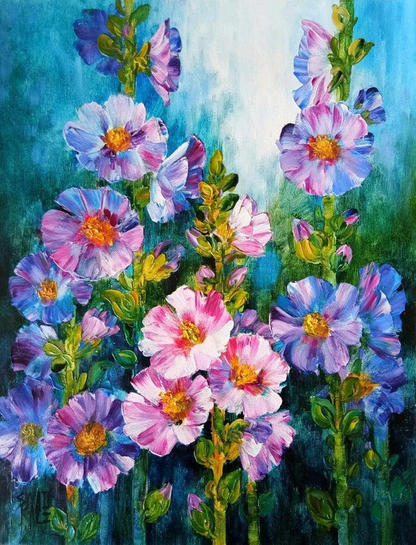 Nature oil painting titled 'Hollyhocks 2', 18x14 inches, by artist Swati Kale on Canvas