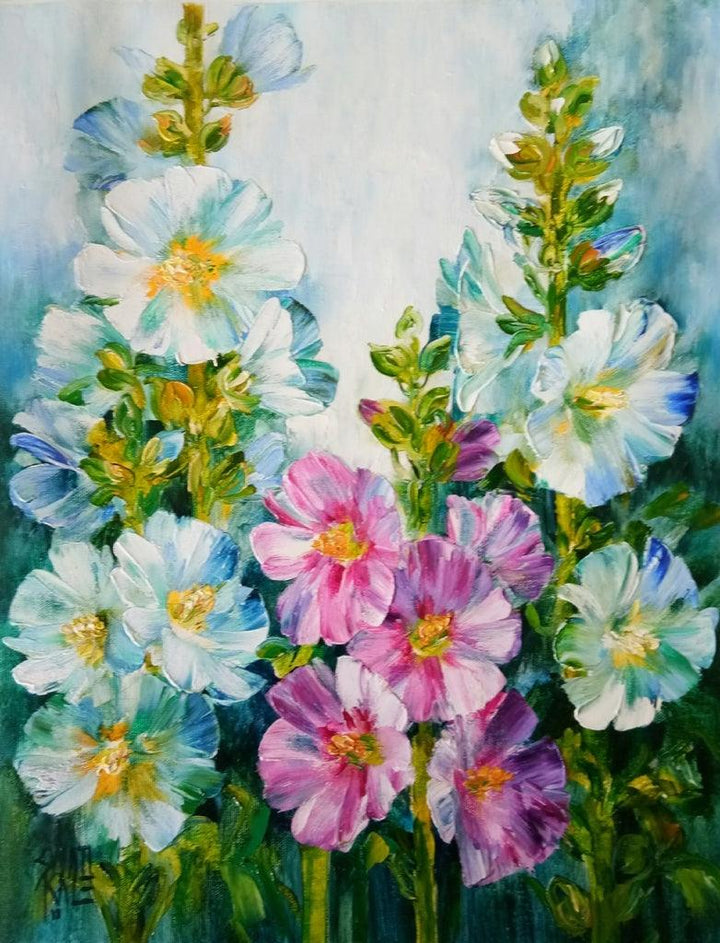 Nature oil painting titled 'Hollyhocks 3', 18x14 inches, by artist Swati Kale on Canvas