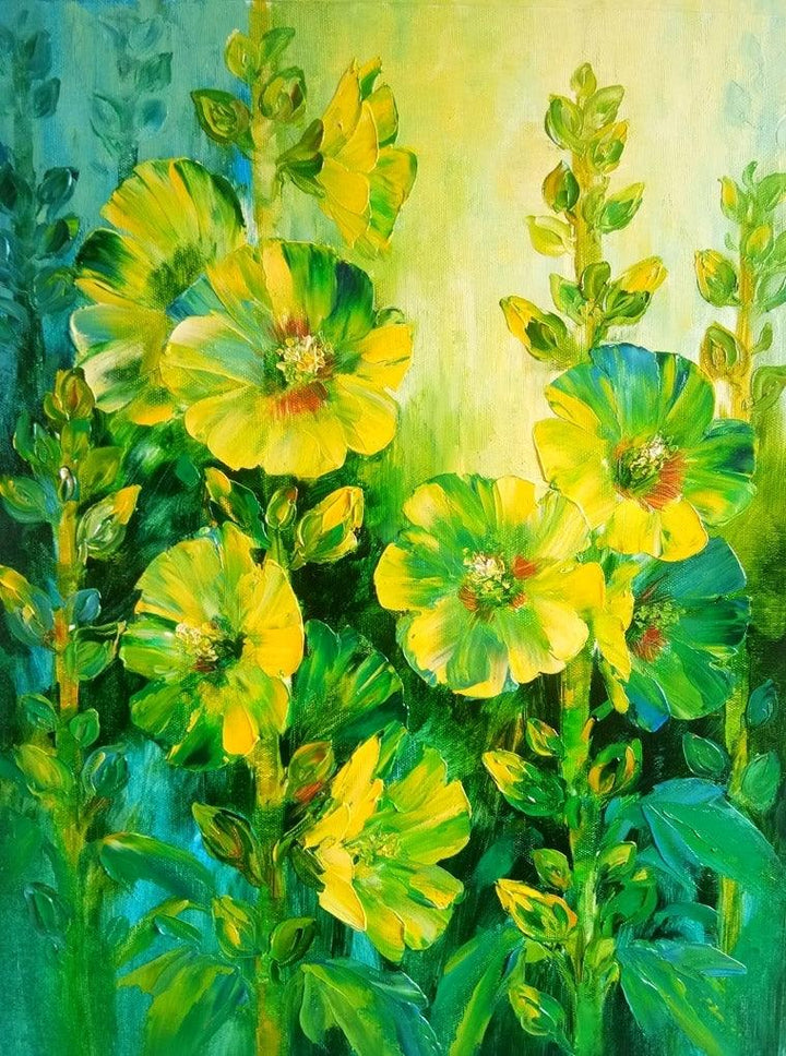 Nature oil painting titled 'Hollyhocks 4', 18x14 inches, by artist Swati Kale on Canvas