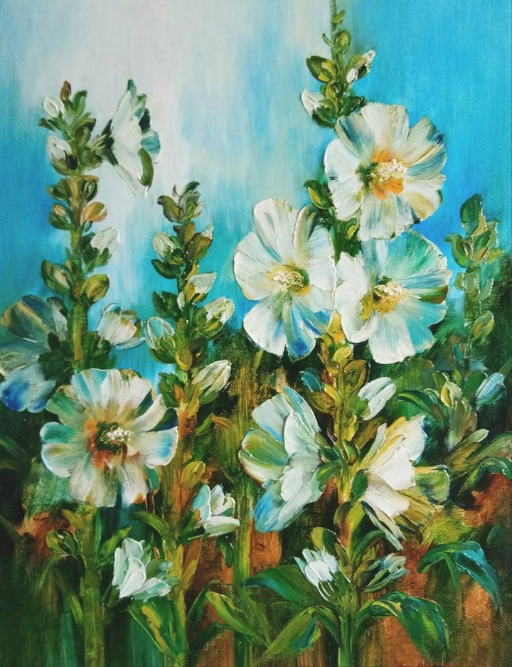 Nature oil painting titled 'Hollyhocks 5', 18x14 inches, by artist Swati Kale on Canvas