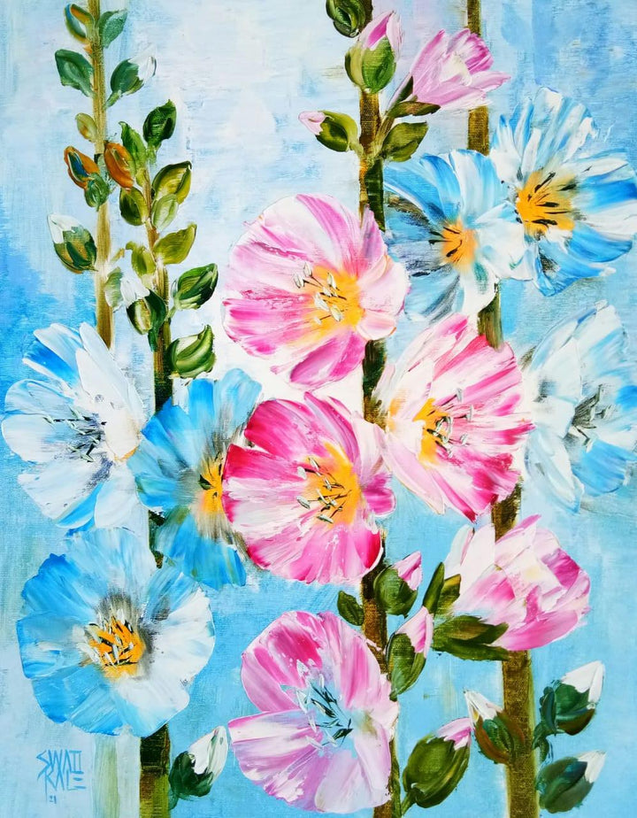 Nature oil painting titled 'Hollyhocks', 18x14 inches, by artist Swati Kale on Canvas