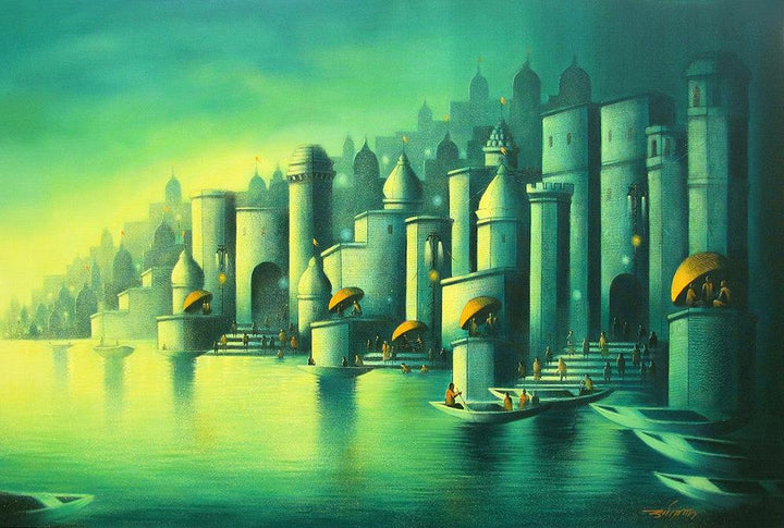 Cityscape mixed media painting titled 'Holy Banaras 1', 40x60 inches, by artist Somnath Bothe on Canvas