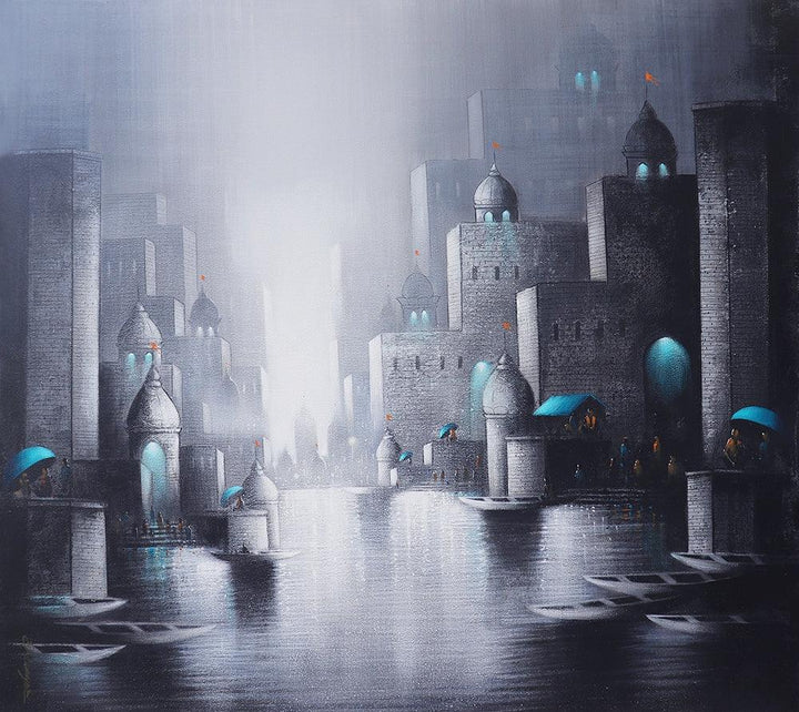 Cityscape acrylic charcoal painting titled 'Holy Banaras 11', 36x40 inches, by artist Somnath Bothe on Canvas