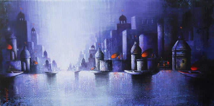 Cityscape acrylic painting titled 'Holy Banaras 13', 24x48 inches, by artist Somnath Bothe on Canvas