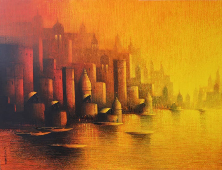 Religious acrylic-charcoal painting titled 'Holy Banaras 2', 36x48 inch, by artist Somnath Bothe on Canvas