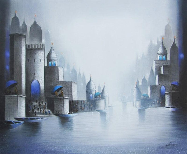 Cityscape mixed media painting titled 'Holy Banaras 2', 30x36 inches, by artist Somnath Bothe on Canvas