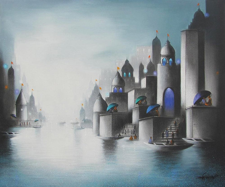 Landscape charcoal drawing titled 'Holy Banaras 3', 12x12 inches, by artist Somnath Bothe on canvas