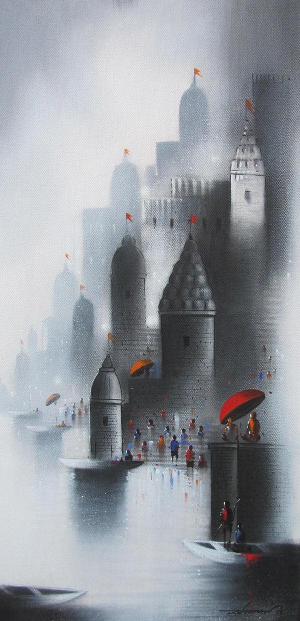 Cityscape mixed media painting titled 'Holy Banaras 4', 24x12 inches, by artist Somnath Bothe on Canvas