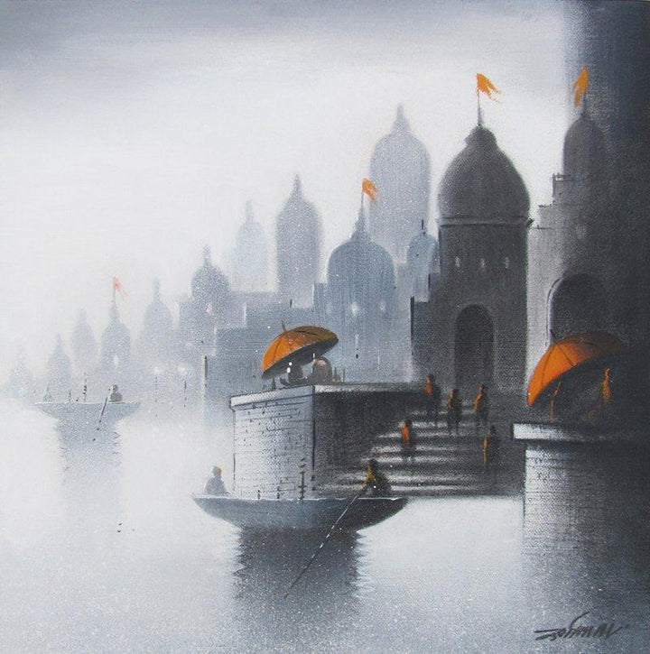 Landscape acrylic painting titled 'Holy Banaras', 36x48 inches, by artist Somnath Bothe on Canvas