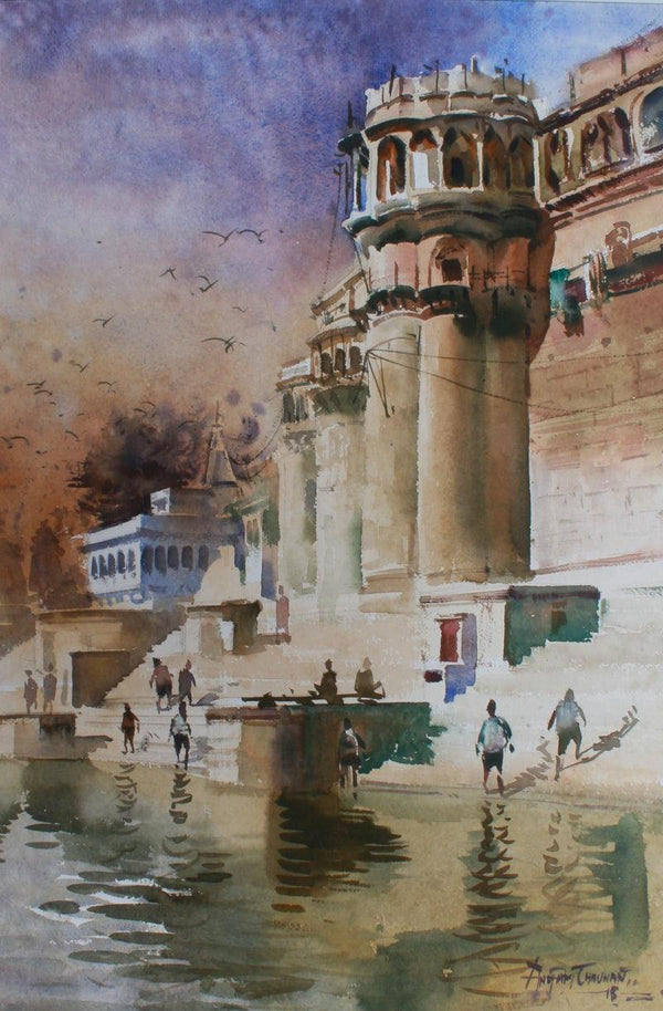 Religious watercolor painting titled 'Holy Bath', 22x14 inches, by artist Anupam Chauhan on Paper