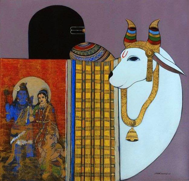 Religious acrylic painting titled 'Holy Bull 2', 30x30 inches, by artist Ashok Rathod on Canvas