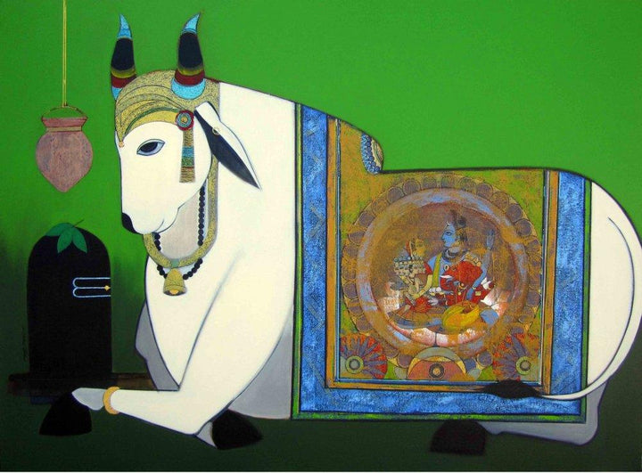 Religious acrylic painting titled 'Holy Bull', 36x48 inches, by artist Ashok Rathod on Canvas