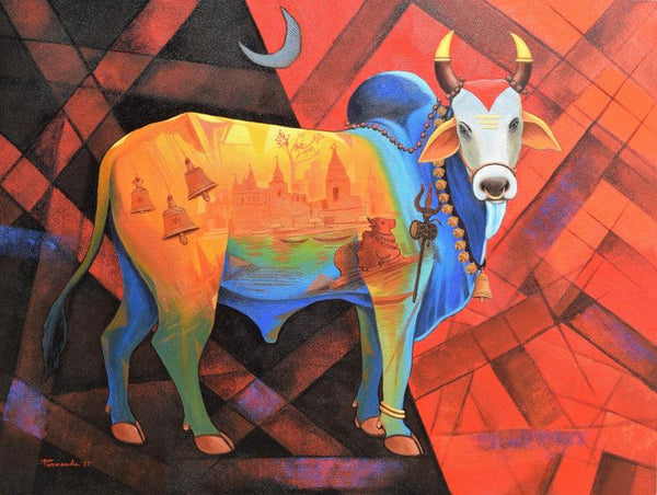 Religious acrylic painting titled 'Holy Bull Of Shiva 2', 36x48 inches, by artist Purnendu Mandal on Canvas