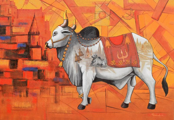 Religious acrylic painting titled 'Holy Bull Of Shiva 3', 42x60 inches, by artist Purnendu Mandal on Canvas