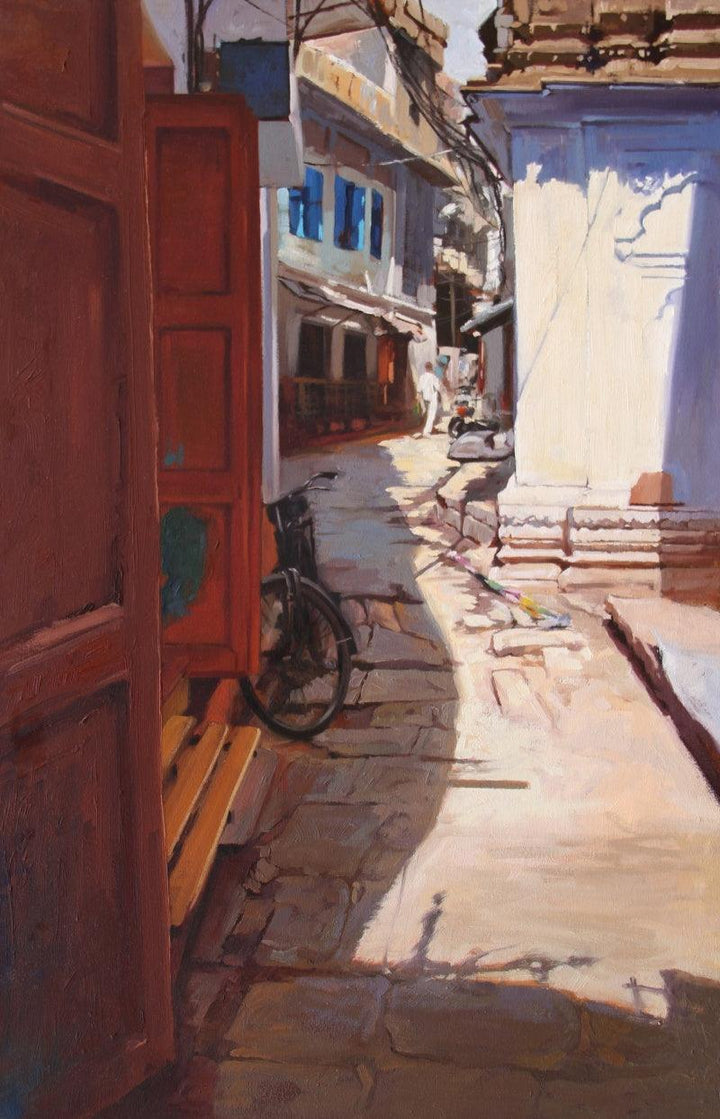 Landscape oil painting titled 'Holy Lane 2 Banaras', 24x36 inches, by artist Sachin Sawant on Canvas