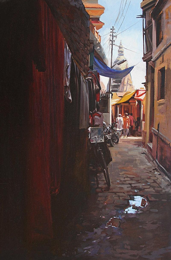 Landscape oil painting titled 'Holy Lane Banaras', 36x24 inches, by artist Sachin Sawant on Canvas