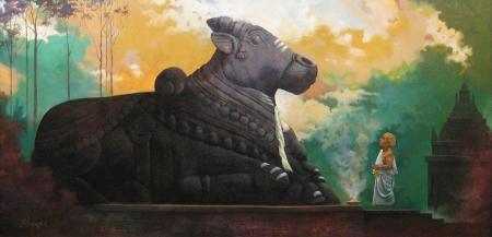 Landscape acrylic painting titled 'Holy Nandi', 48x24 inches, by artist Vinayak Potdar on Canvas