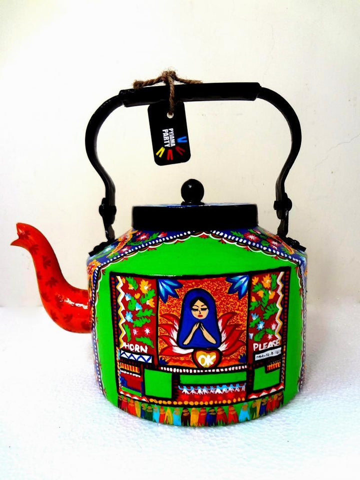 Lifestyle craft titled 'Holy Prayer Tea Kettle', 9x9x7 inches, by artist Rithika Kumar on Aluminium