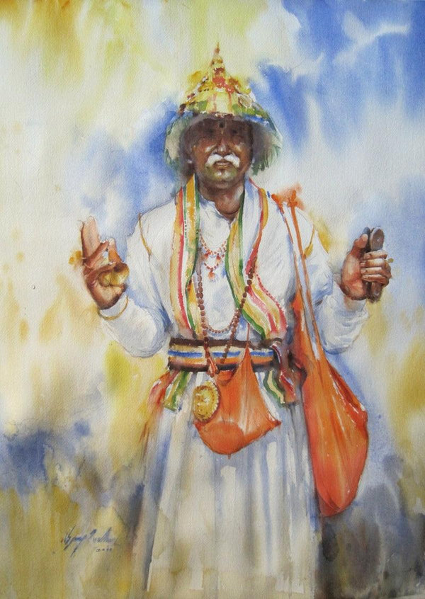 Figurative watercolor painting titled 'Holy Presence In Morning', 36x26 inches, by artist Vijay Jadhav on Paper