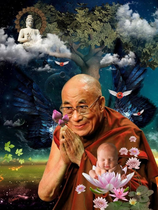 contemporary Digital Painting digital art titled 'Holy Soul Dalai Lama Painting', 24x19 inches, by artist Rakesh Chaudhary on canvas